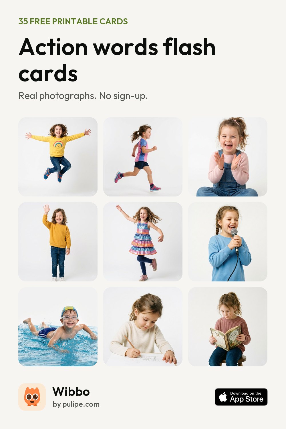 Action words flash cards from Wibbo: a printable sheet of 35 cards with real photographs