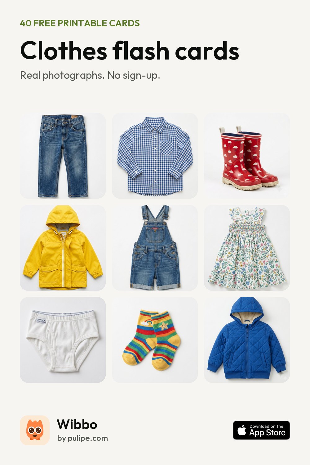 Clothes flash cards from Wibbo: a printable sheet of 40 cards with real photographs