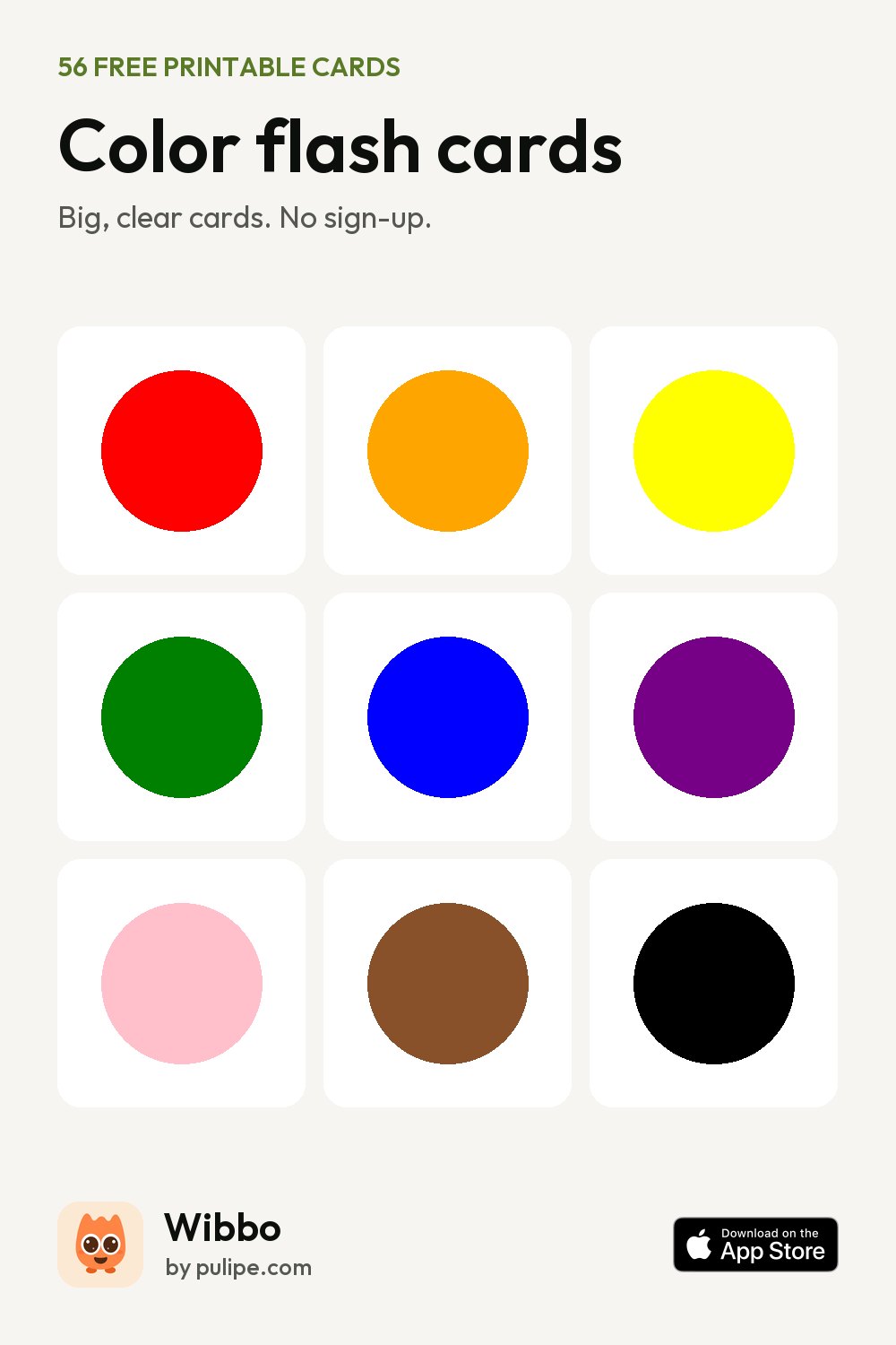 Color flash cards from Wibbo: a printable sheet of 56 cards with real photographs