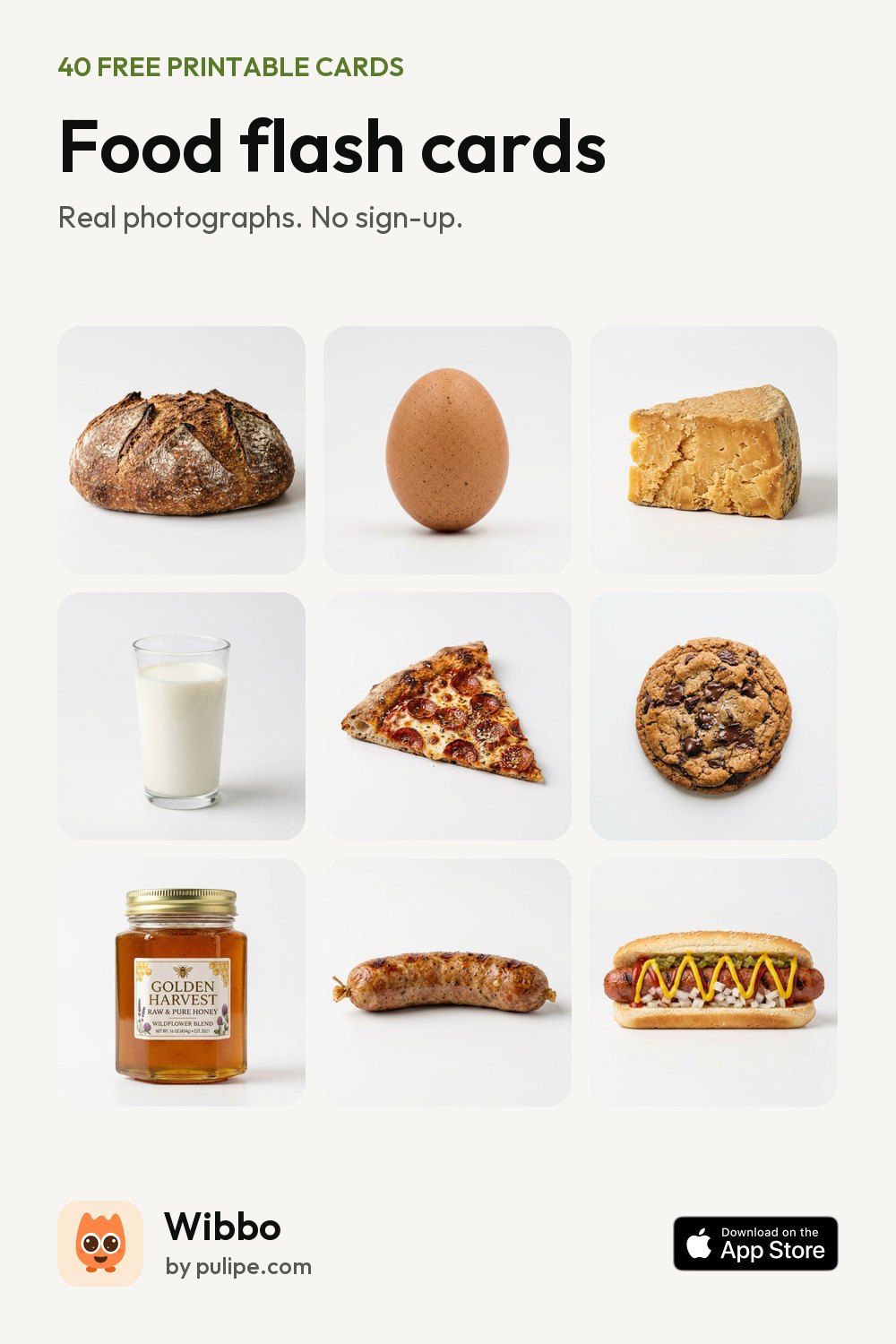 Food flash cards from Wibbo: a printable sheet of 40 cards with real photographs