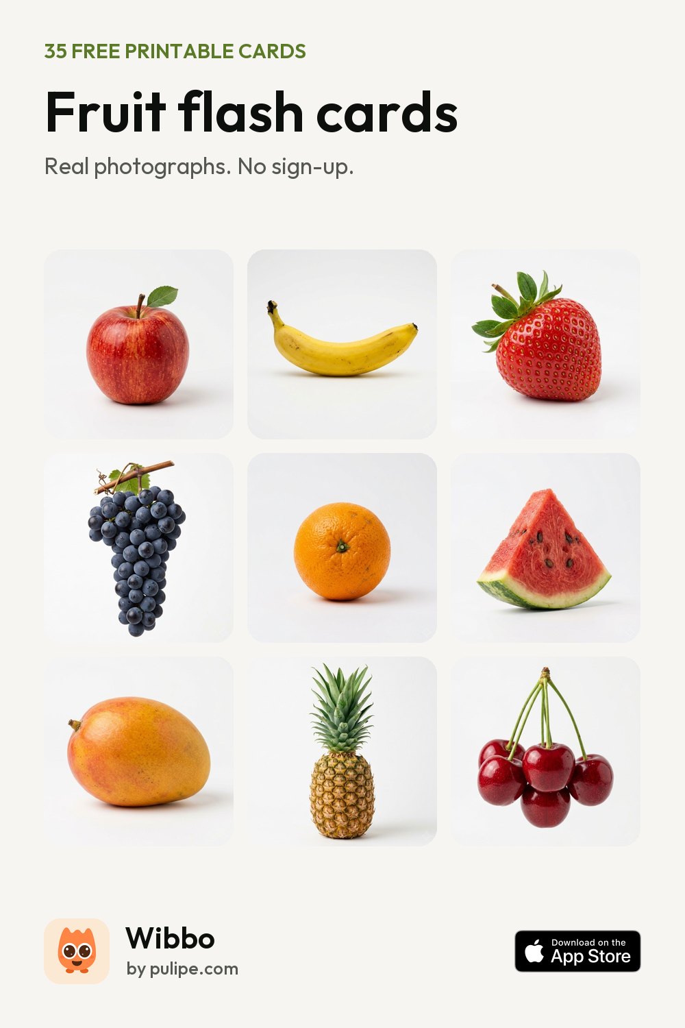 Fruit flash cards from Wibbo: a printable sheet of 35 cards with real photographs