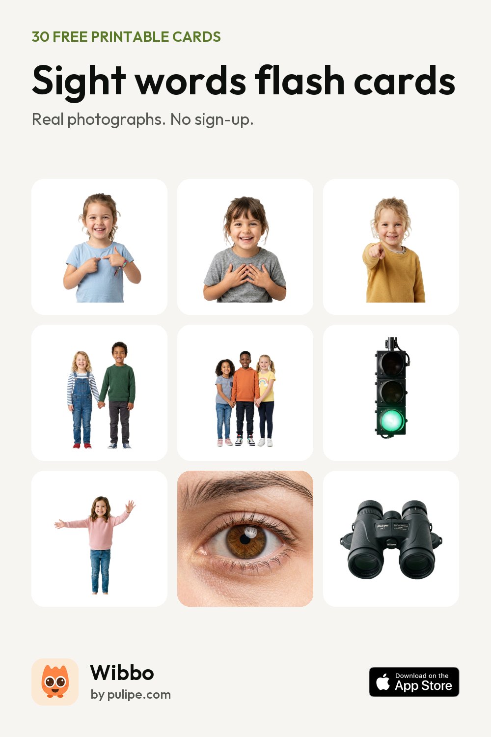 Sight words flash cards from Wibbo: a printable sheet of 30 cards with real photographs