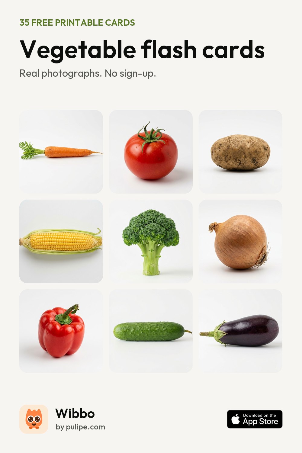Vegetable flash cards from Wibbo: a printable sheet of 35 cards with real photographs