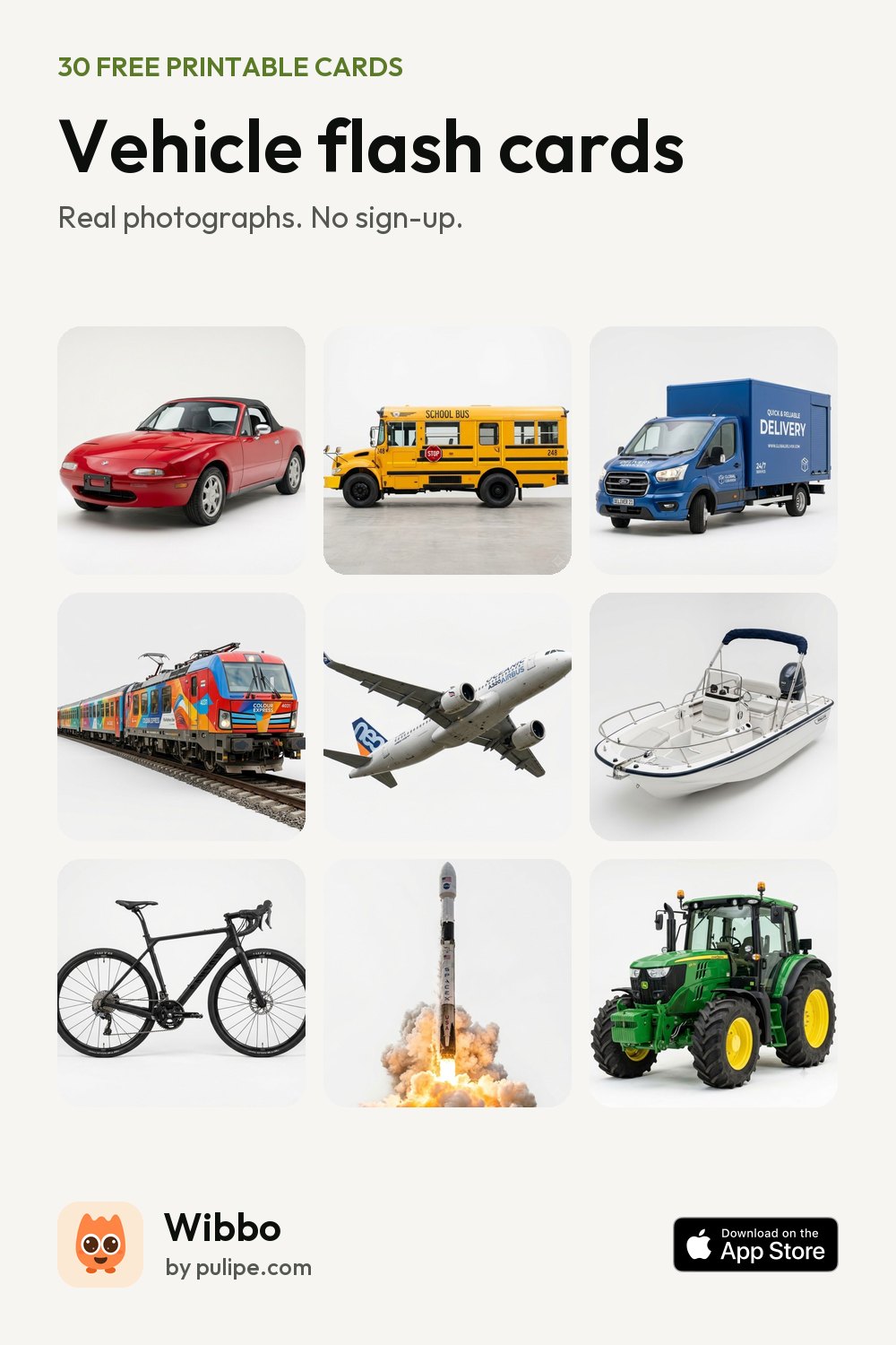Vehicle flash cards from Wibbo: a printable sheet of 30 cards with real photographs