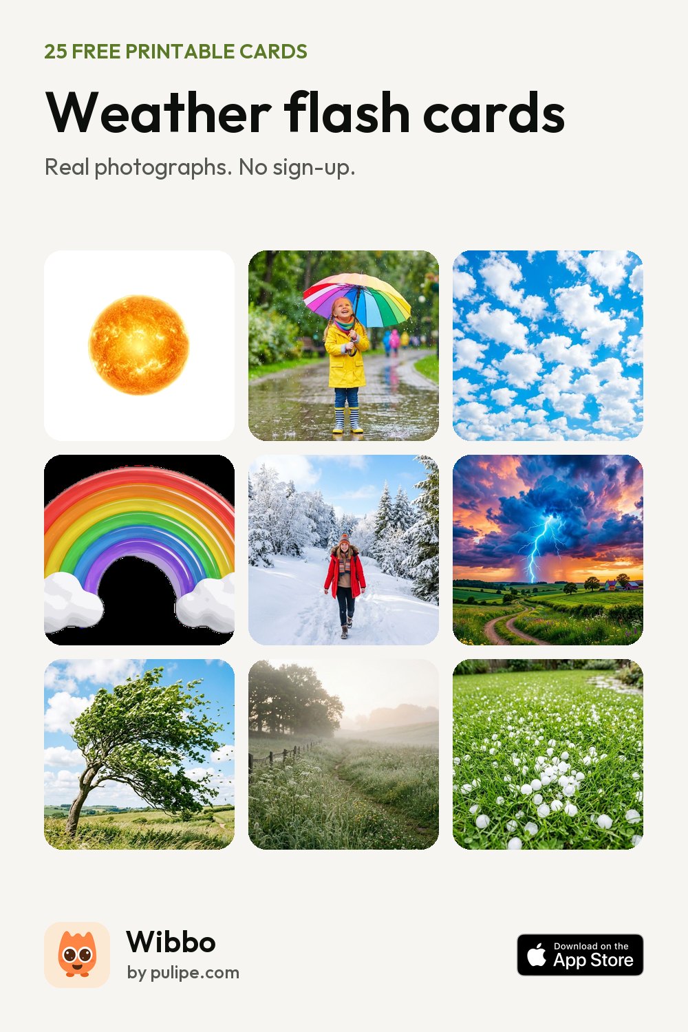 Weather flash cards from Wibbo: a printable sheet of 25 cards with real photographs