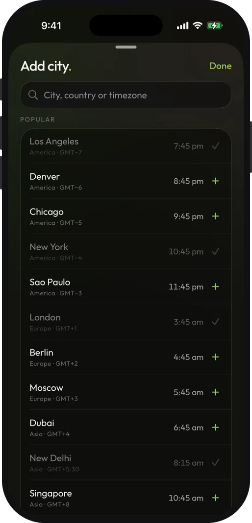 Meridian's city picker: popular cities first, then every timezone in the world ordered west to east