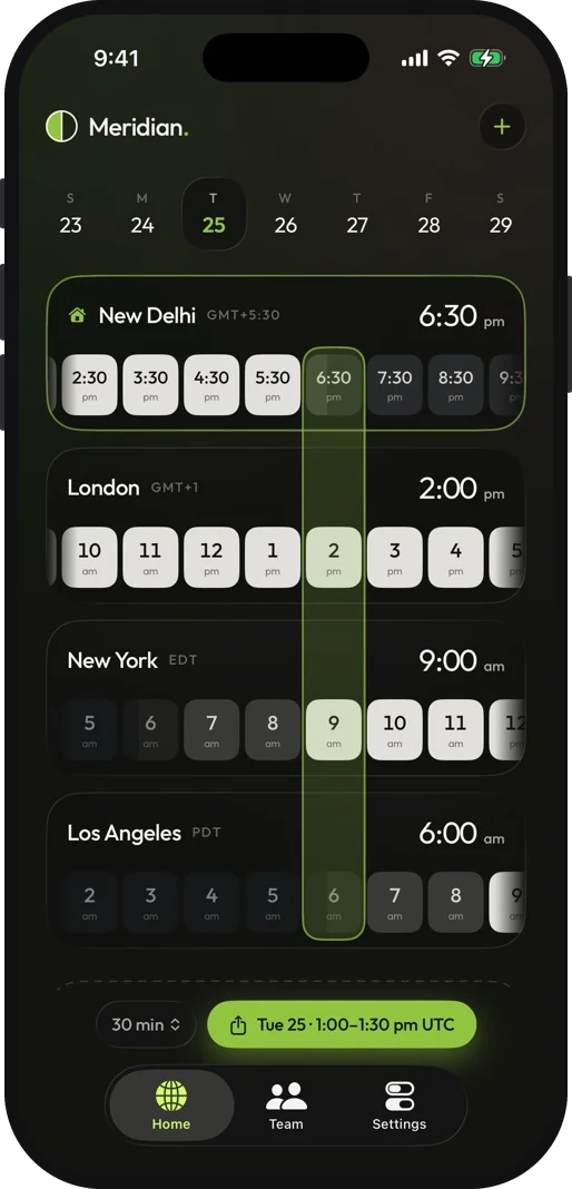 Meridian's home grid in its dark theme