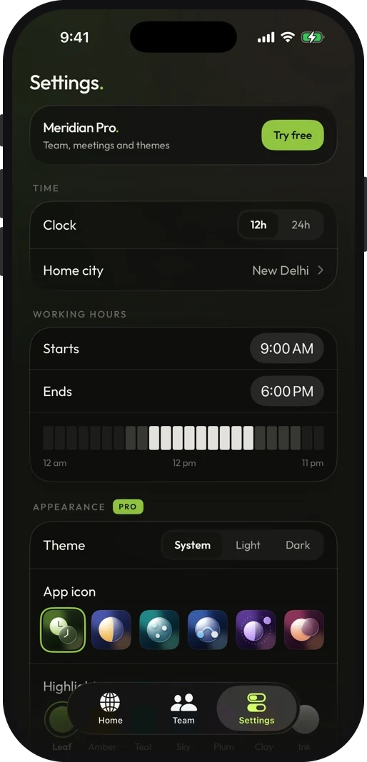 Meridian's settings: clock format, working hours, theme, app icon and highlight colour