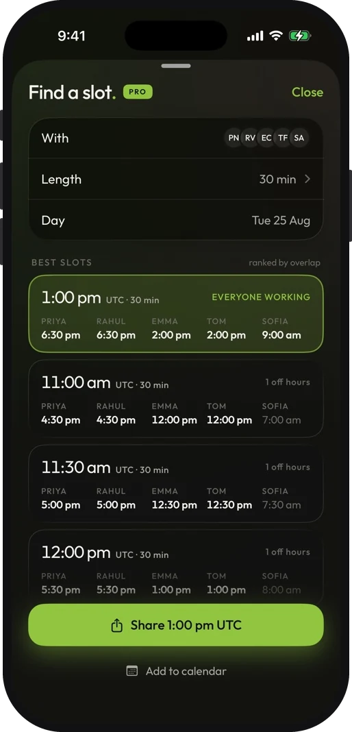 Meridian's slot finder in its dark theme