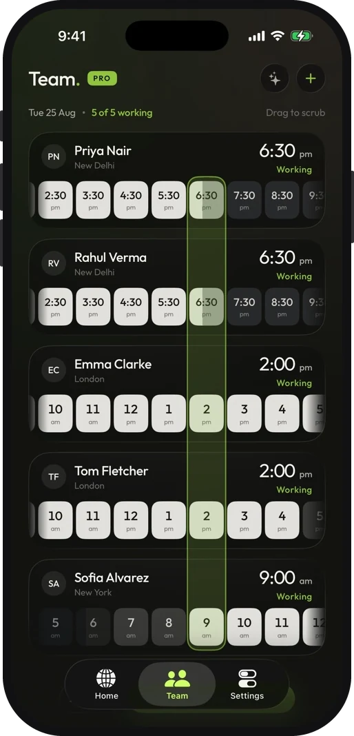 Meridian's team tab: five people with their own working hours, each row showing whether they are working, off hours or asleep