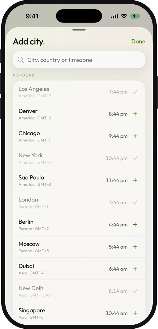 Meridian's city picker: popular cities first, then every timezone in the world ordered west to east
