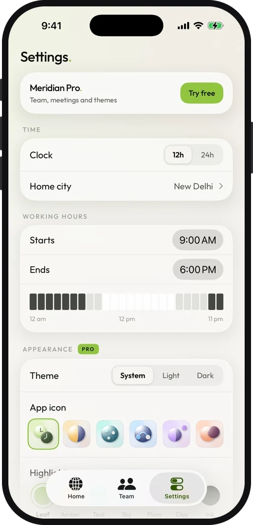 Meridian's settings: clock format, working hours, theme, app icon and highlight colour