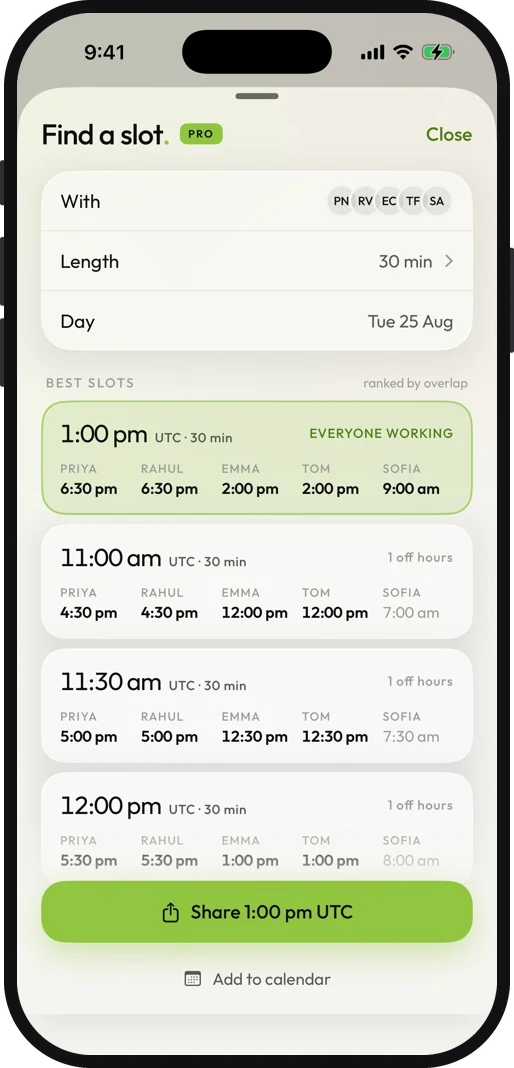 Meridian's slot finder: meeting times ranked by who is working