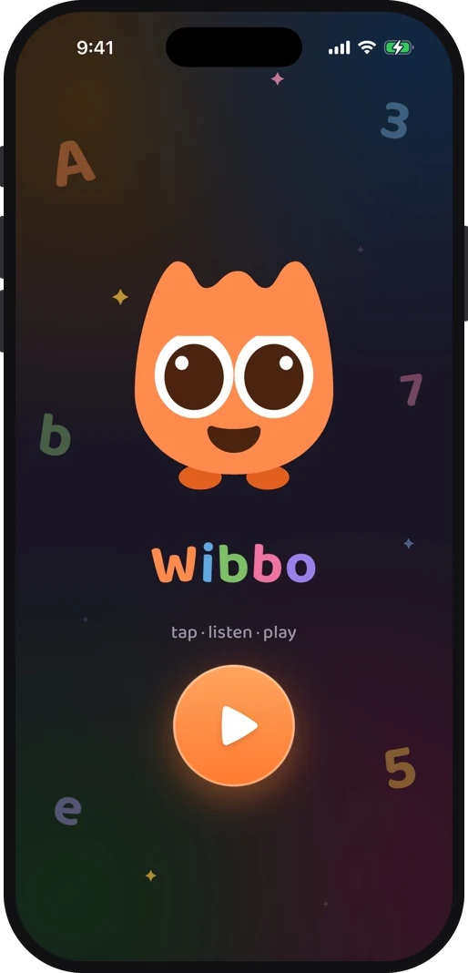 Wibbo ABC flash cards app on iPhone, dark theme