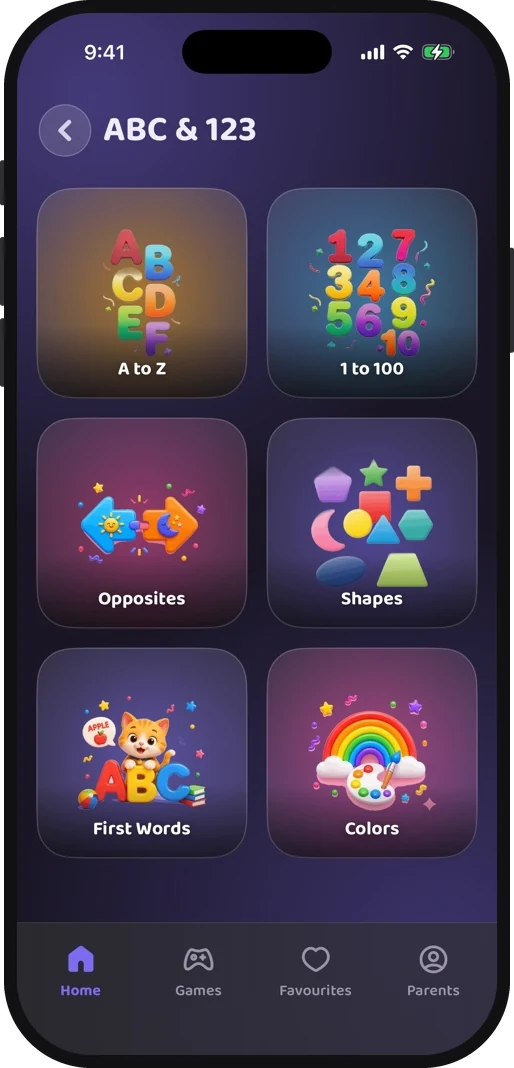 Wibbo ABC flash cards app on iPhone, dark theme