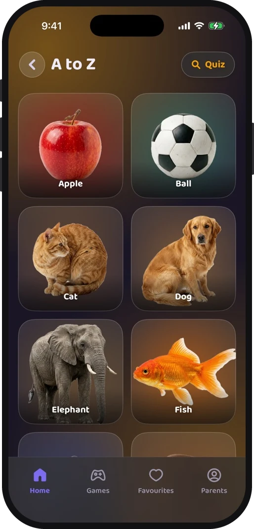 Wibbo running on an iPhone in its dark theme, showing the A to Z shelf: photo cards for apple, ball, cat, dog, elephant and fish