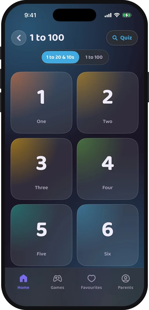 Wibbo ABC flash cards app on iPhone, dark theme