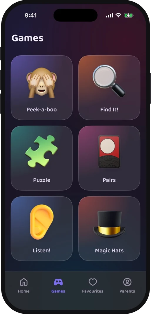 Wibbo ABC flash cards app on iPhone, dark theme