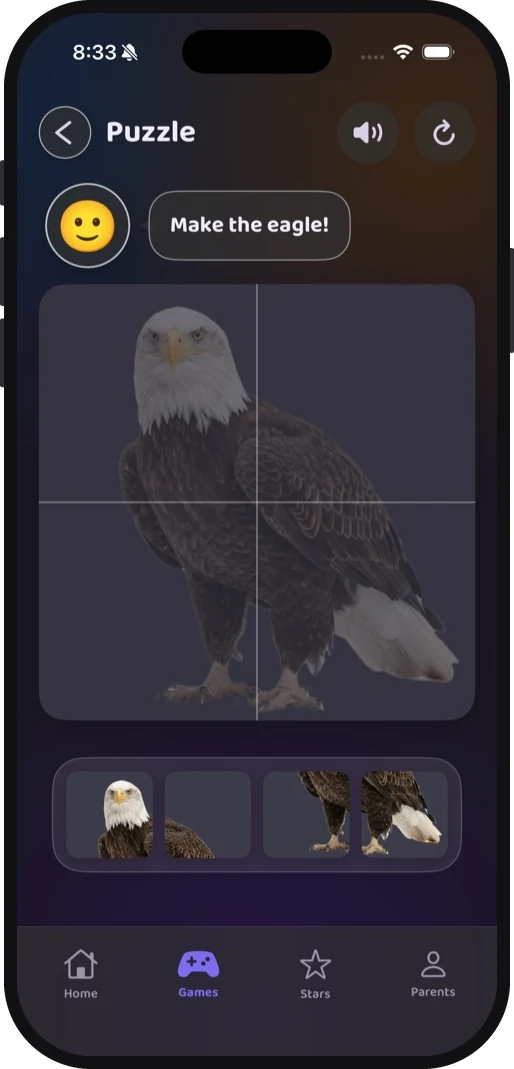 The puzzle game in the dark theme, making an eagle from four photograph pieces