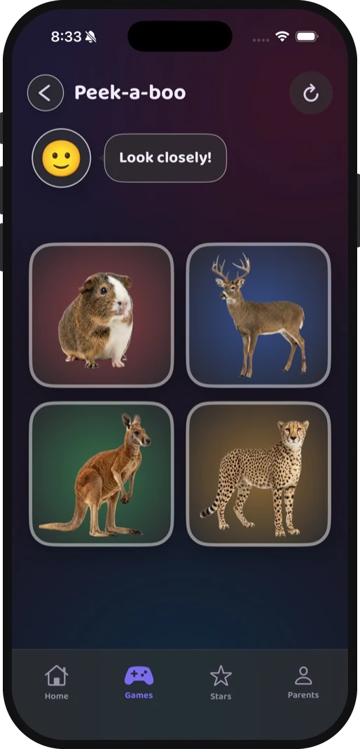 Peek-a-boo in the dark theme, looking closely at a guinea pig, a deer, a kangaroo and a cheetah