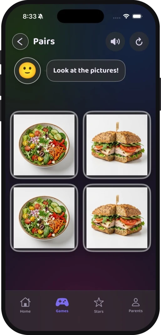 The pairs game in the dark theme, matching two salads and two sandwiches