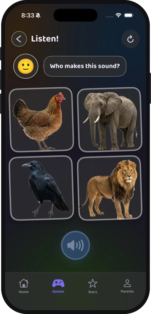 The listen game in the dark theme, choosing between a hen, an elephant, a crow and a lion