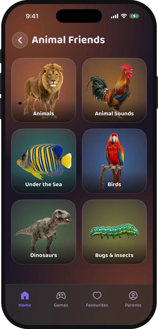 Wibbo's Animal Friends shelf in its dark theme: photo cards for birds, dinosaurs, bugs and insects, animals, under the sea and animal sounds