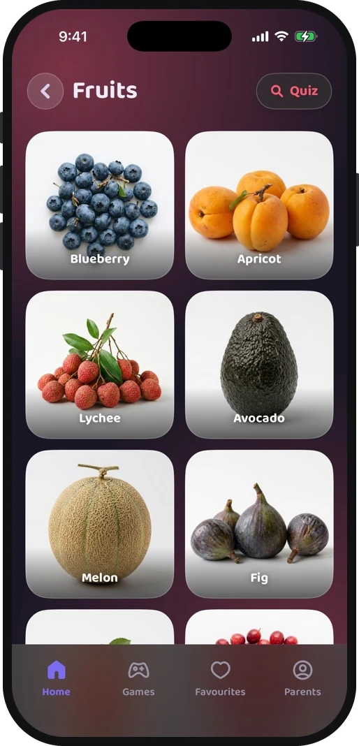 Wibbo ABC flash cards app on iPhone, dark theme