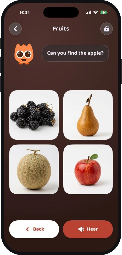 Wibbo ABC flash cards app on iPhone, dark theme