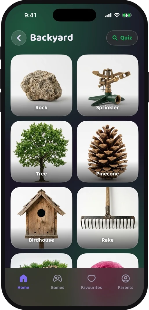 Wibbo ABC flash cards app on iPhone, dark theme