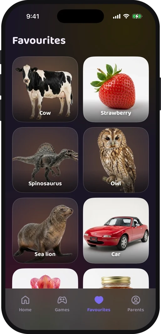 Wibbo ABC flash cards app on iPhone, dark theme