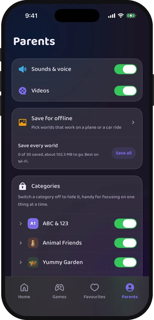 Wibbo ABC flash cards app on iPhone, dark theme