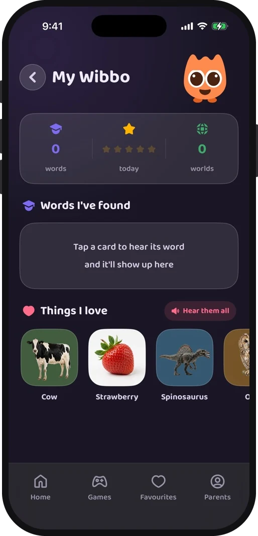 Wibbo ABC flash cards app on iPhone, dark theme
