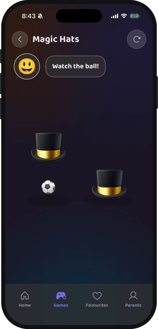 Magic Hat in the dark theme, two hats with the ball showing before the shuffle
