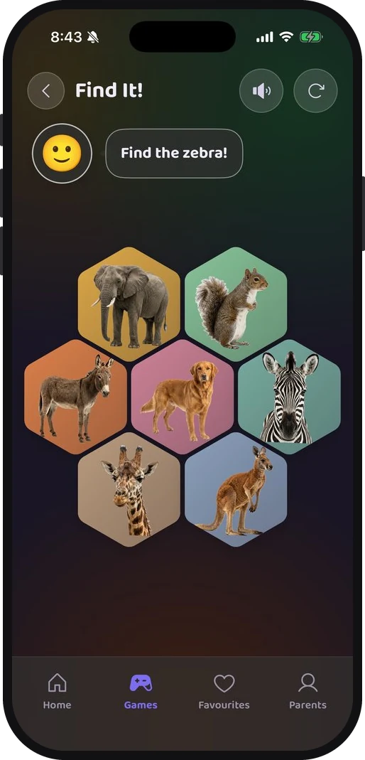 Find It in the dark theme asking for the zebra, with an elephant, squirrel, donkey, giraffe and kangaroo around it
