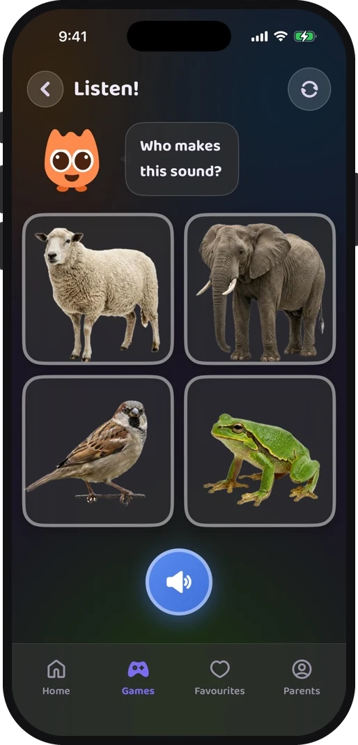 Wibbo's guess the animal sound game in the dark theme, choosing between a hen, an elephant, a crow and a lion