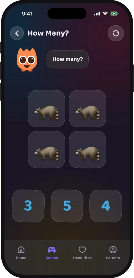 Wibbo's counting game for preschoolers in the dark theme, tapping the numeral that matches