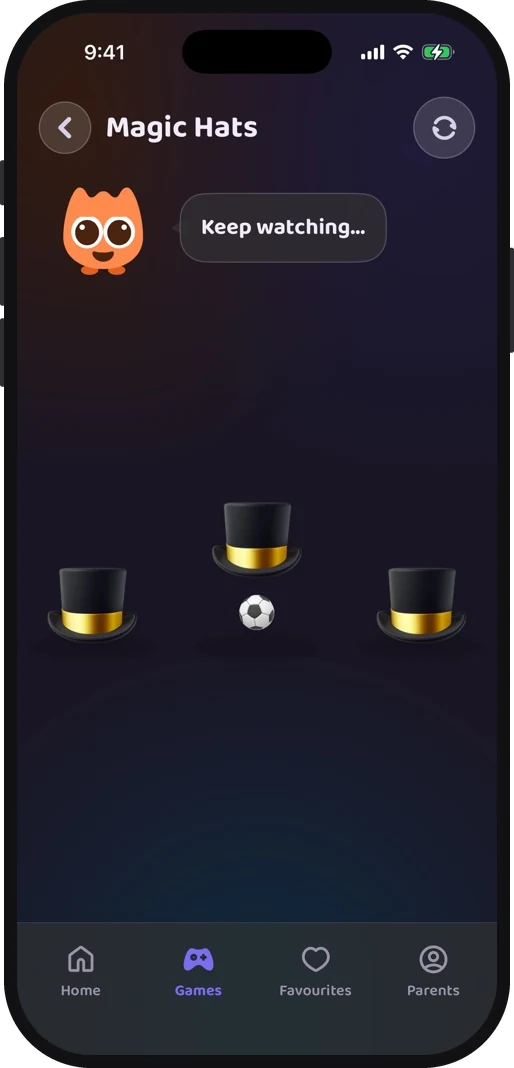 Wibbo's cups and ball game in the dark theme, hats covering the ball before it moves