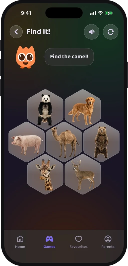 Wibbo's Find It picture game in the dark theme, seven animals to search through