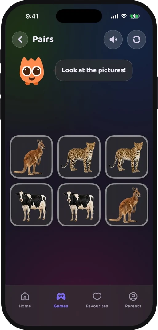Wibbo's memory pairs game in the dark theme, matching two salads and two sandwiches