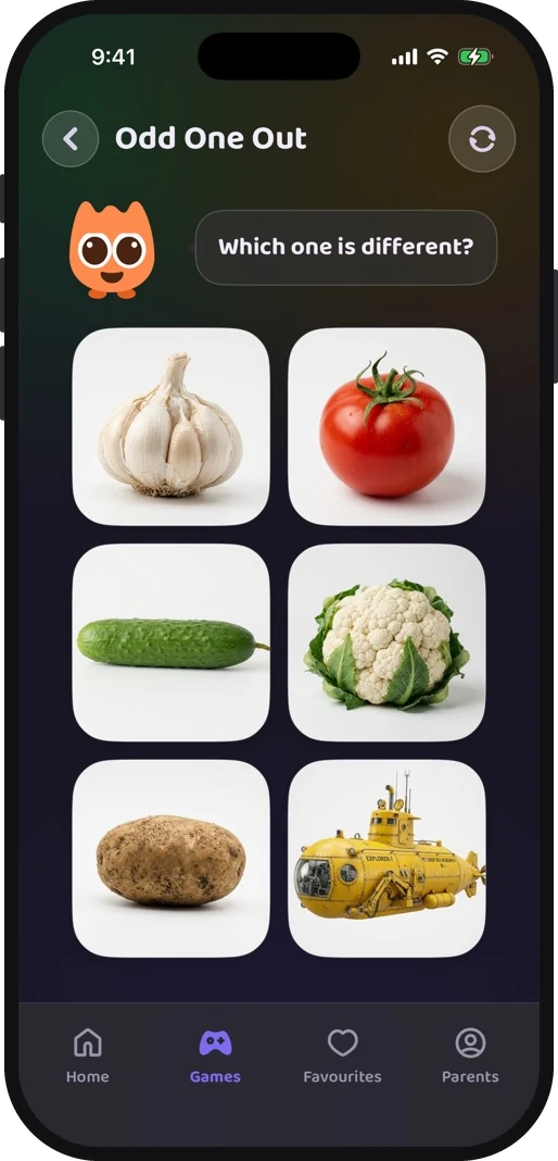 Wibbo's odd one out game in the dark theme, four photographs with one that does not belong