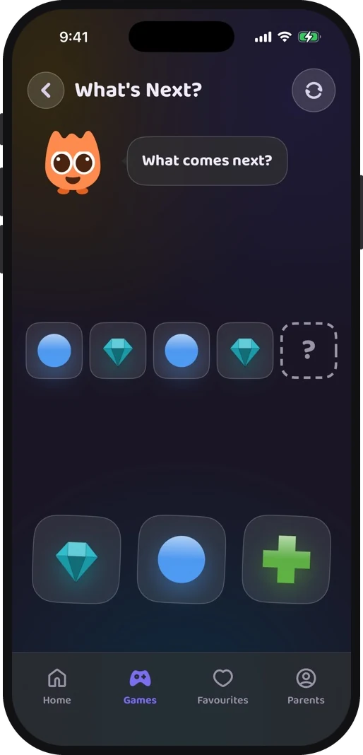 Wibbo's pattern game for preschoolers in the dark theme, choosing the shape that comes next