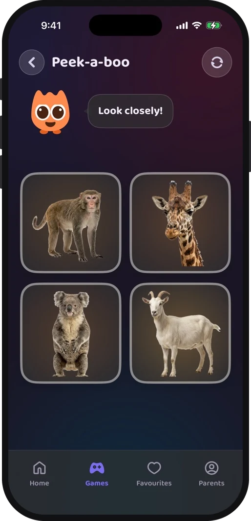Wibbo's Peek-a-boo game in the dark theme, four animals waiting to be covered