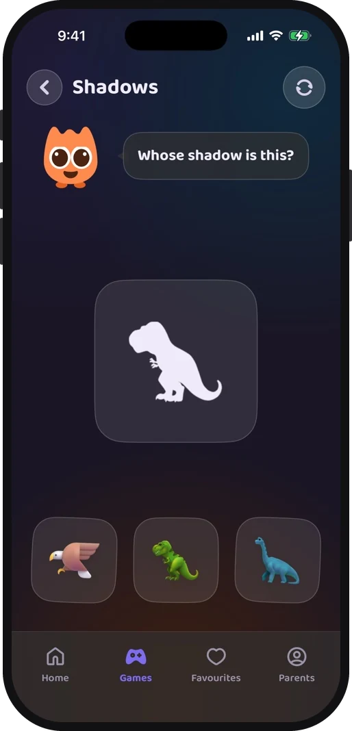 Wibbo's shadow matching game in the dark theme, matching a silhouette to the thing that cast it