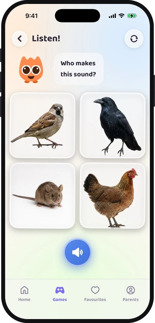 Wibbo's animal sounds game for toddlers, asking who makes this sound with a hen, a wolf, a mouse and a frog