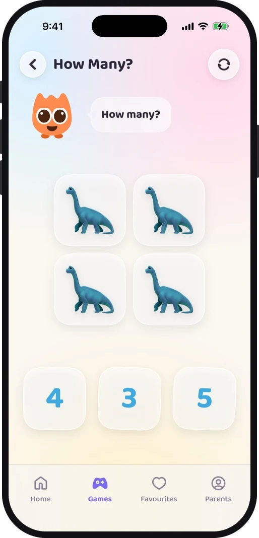 Wibbo's How Many counting game for toddlers, objects on screen with numerals to choose from