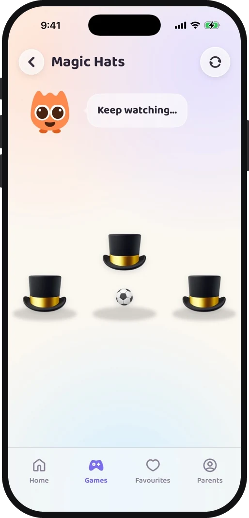 Wibbo's Magic Hats game, a ball shown under one of two hats before the shuffle