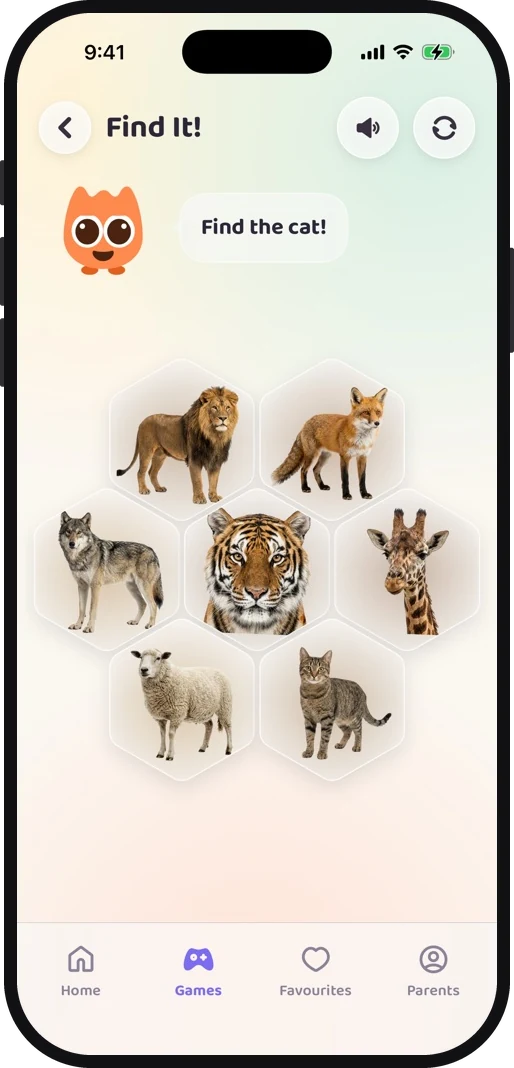 Wibbo's Find It game for toddlers, asking for the raccoon among seven animal photographs on a honeycomb