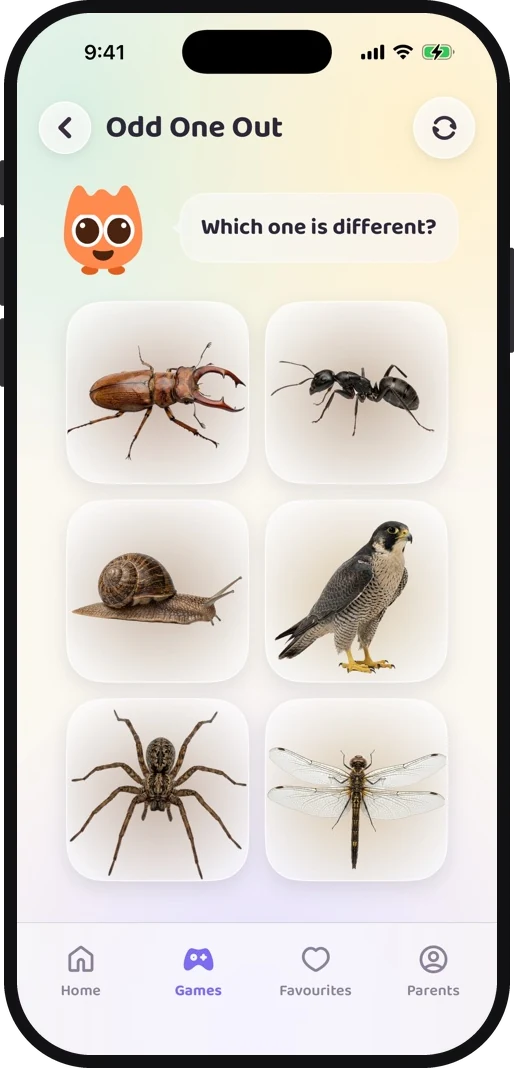 Wibbo's Odd One Out game for kids, an apple sitting among three animals