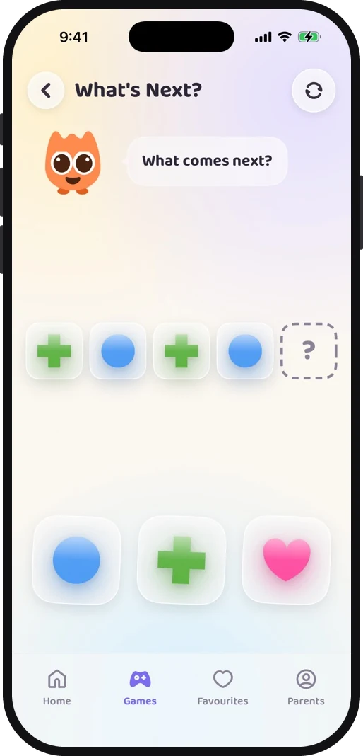Wibbo's What's Next pattern game, a strip of repeating coloured shapes with an empty slot at the end
